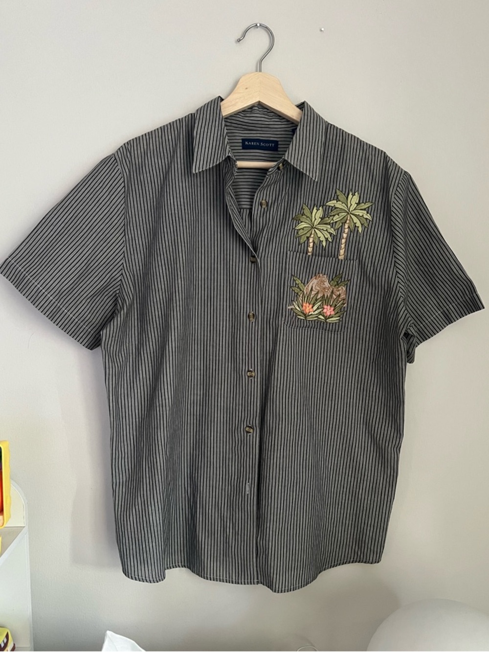Karen Scott Striped Button-Up Shirt with Tropical Embroidery - Gray & White